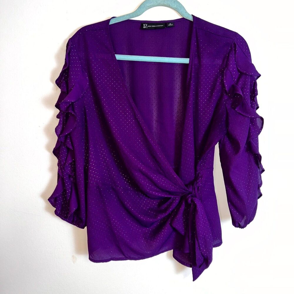 New York & Company Wrap Top Womens Medium Purple Beaded Ruffle Sleeve Feminine